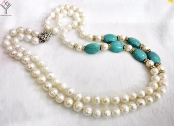 Women Jewelry 8x9mm white pearl light blue stone mixed 2 rows necklace handmade real natural freshwater pearl gift
Women Jewelry 8x9mm white pearl light blue stone mixed 2 rows necklace handmade real natural freshwater pearl gift