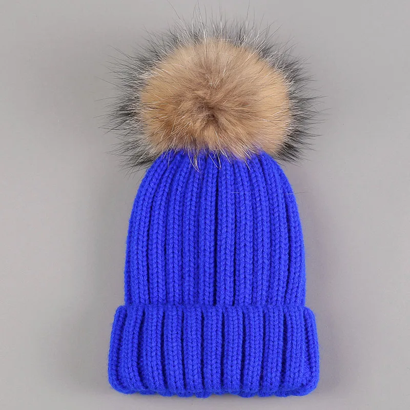 kid hat with fur pompom royal blue 1