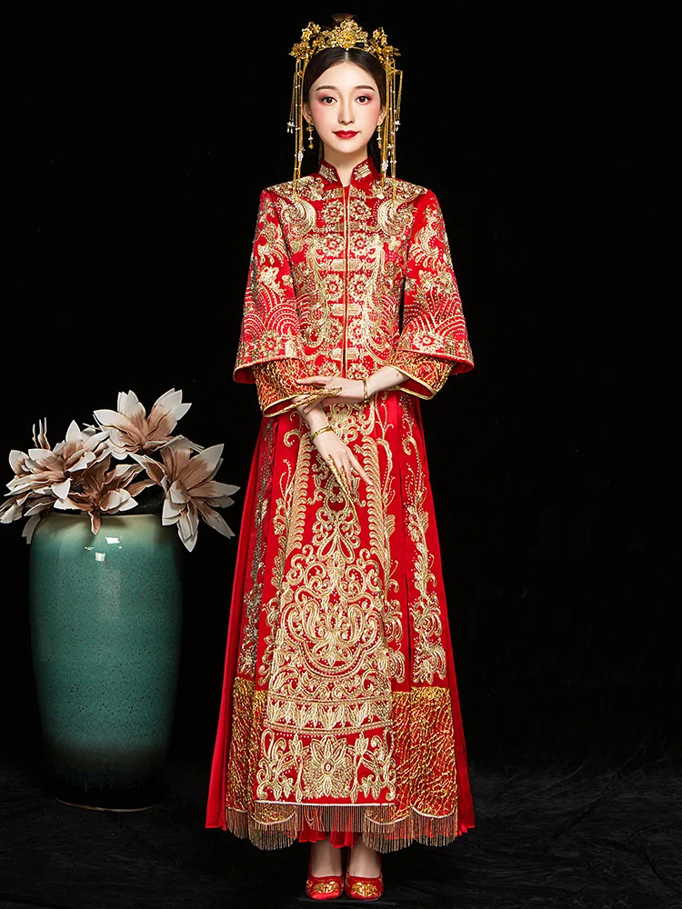 Фото Высокое качество свадебное платье невесты Ципао красное китайское ткань с