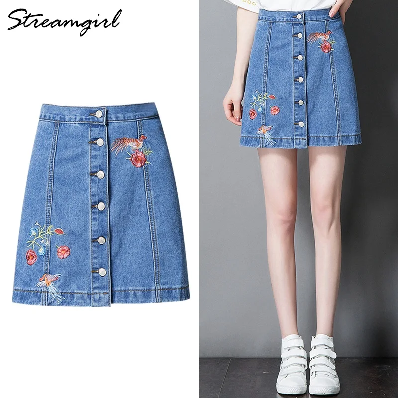 Streamgirl Embroidery Jeans Skirt Women Plus Size A-line Button Short Denim Skirt High Waist Women Embroidered Skirts Summer
Streamgirl Embroidery Jeans Skirt Women Plus Size A-line Button Short Denim Skirt High Waist Women Embroidered Skirts Summer