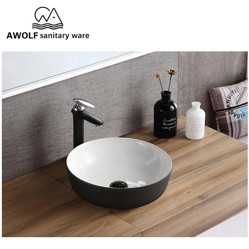 

Ceramic Vessel Bathroom Sinks 420*420*135mm Above Counter Washing Basin With Pop Up Drain Soft Hose Simplicity Matte Black AM816