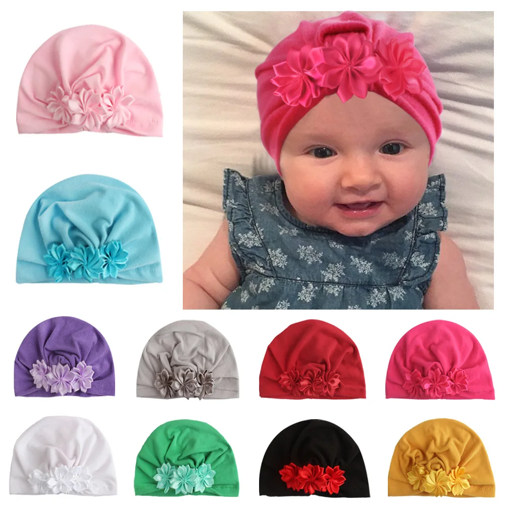 

Girls Boys Baby Child Flower Beanie Hats Solid Color Stretchy Turban Casual Hat Hair Head Wrap Cap