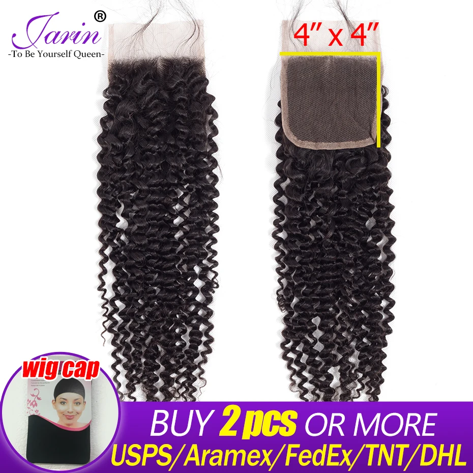 

Peruvian Kinky Curly Lace Closure Free Part 4x4 Jarin Hair Bundles Remy 100% Human Hair Closure With Baby Hair Free Shipping