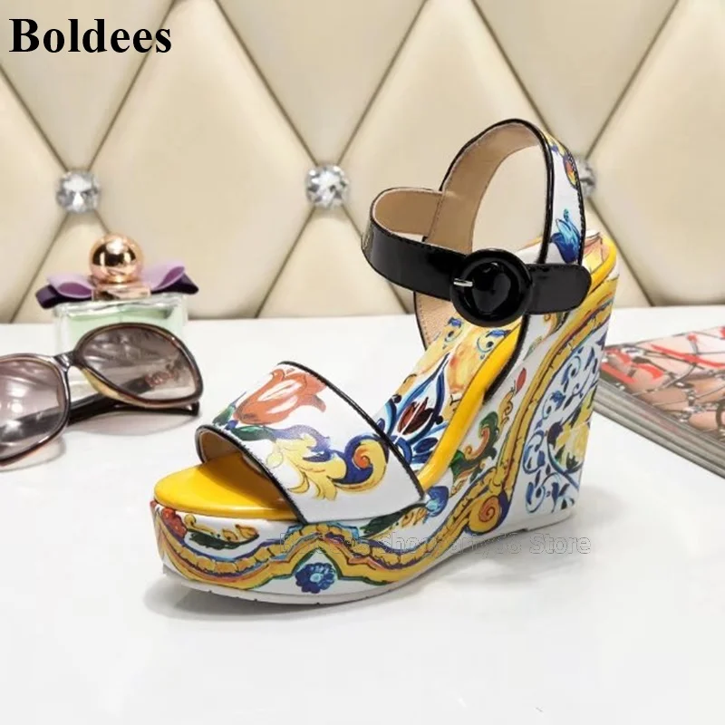 Sexy Super High Heel Wedges Women Platform Sandals One Belt Designer Open Toe Mixed Color Flower Printed Ankle Wrap Summer Shoe
Sexy Super High Heel Wedges Women Platform Sandals One Belt Designer Open Toe Mixed Color Flower Printed Ankle Wrap Summer Shoe