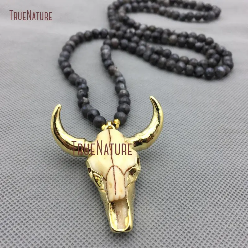 Long Boho Unisex Gold Color Resin OX Skull Charm Black Labradorites Beads Popular Necklace For Women In 32 Inch NM4306
Long Boho Unisex Gold Color Resin OX Skull Charm Black Labradorites Beads Popular Necklace For Women In 32 Inch NM4306