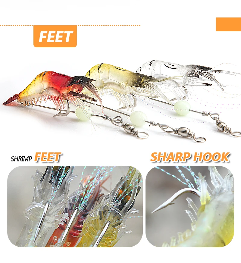 DONQL Soft Shrimp Fishing Lure 9cm5.6g Artificial Bait With Stainless Steel Wire Sharp Hooks Night Luminous Simulation Shrimp (4)