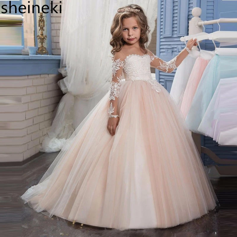 Cheap In Stock Lace Tulle Ball Gown Flower Girl Dresses Full Long Sleeves Pink White Ivory Communion dresses vestido daminha
Cheap In Stock Lace Tulle Ball Gown Flower Girl Dresses Full Long Sleeves Pink White Ivory Communion dresses vestido daminha