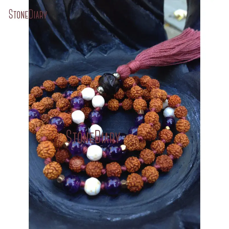 20180312-NM10944-Hand knotted Rudraksha, Amethyst & Howlite 108 Bead Mala spiritual meditation yoga natural purple creativity February gemstone bohemian_1