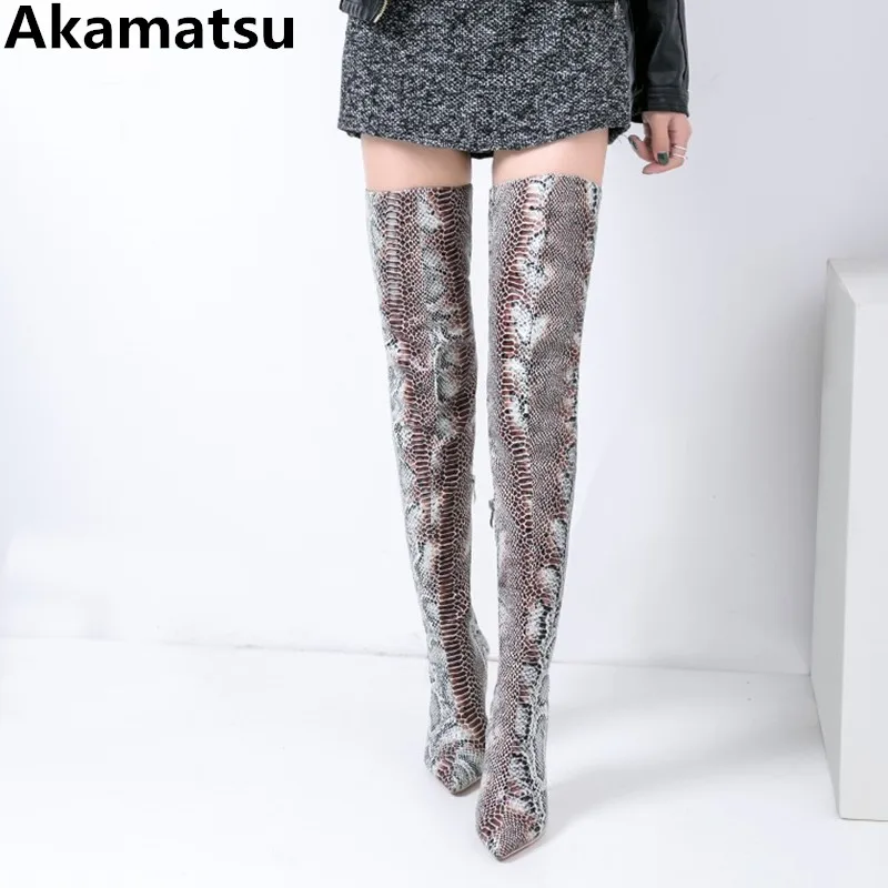 

Akamatsu brand luxury bota feminina python skin crotch leather thigh high heel long booties pointed toe overknee boots woman