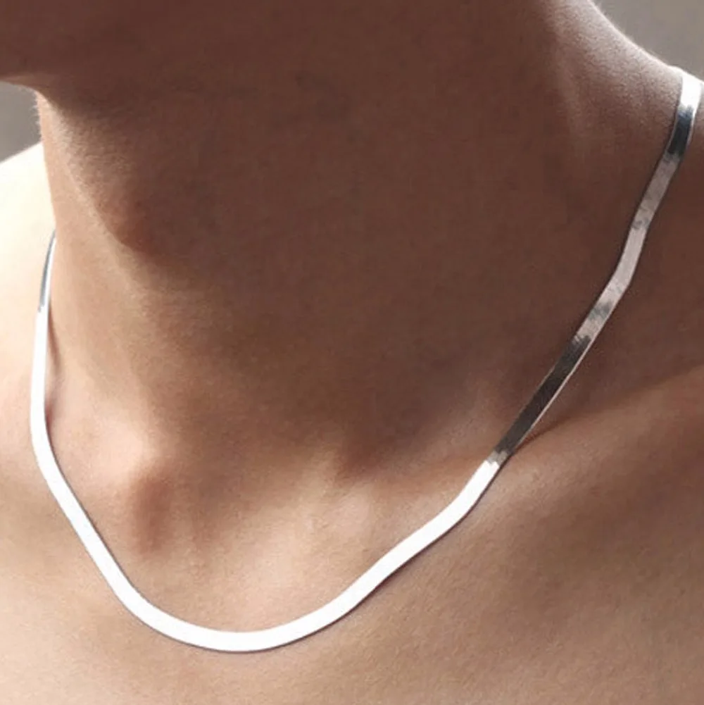 

Unisex Jewelry Men Women Cool Flat Chain Necklace High Quality Stainless Silver Choker Two Sizes Short 45cm Long 50cm