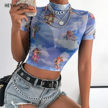 HEYounGIRL Sexy Mesh Crop Top Women Printed Short Sleeve Woman Tshirt Tops Tees Turtleneck Transparent T Shirt Ladies Summer
HEYounGIRL Sexy Mesh Crop Top Women Printed Short Sleeve Woman Tshirt Tops Tees Turtleneck Transparent T Shirt Ladies Summer