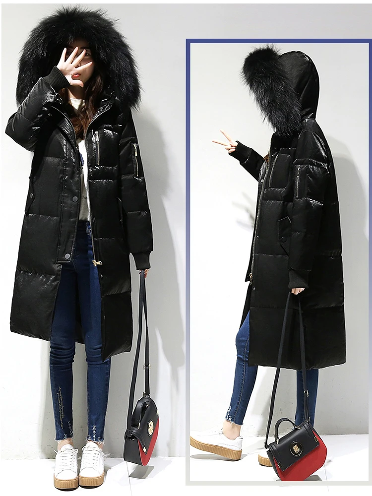 Winter Long Down Jacket For Women Large Fur Collar With Hood White Duck Down Long Parks Coat Female Slim Winter Outerwear (8)