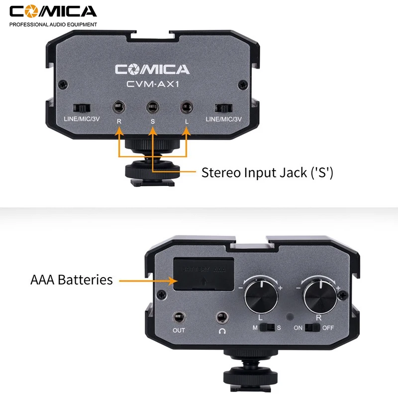 Comica CVM-AX1 Universal Microphone Audio Adapter Mixer Preamplifier with Stereo&Dual Mono inputs for Camera Camcorder
Comica CVM-AX1 Universal Microphone Audio Adapter Mixer Preamplifier with Stereo&Dual Mono inputs for Camera Camcorder