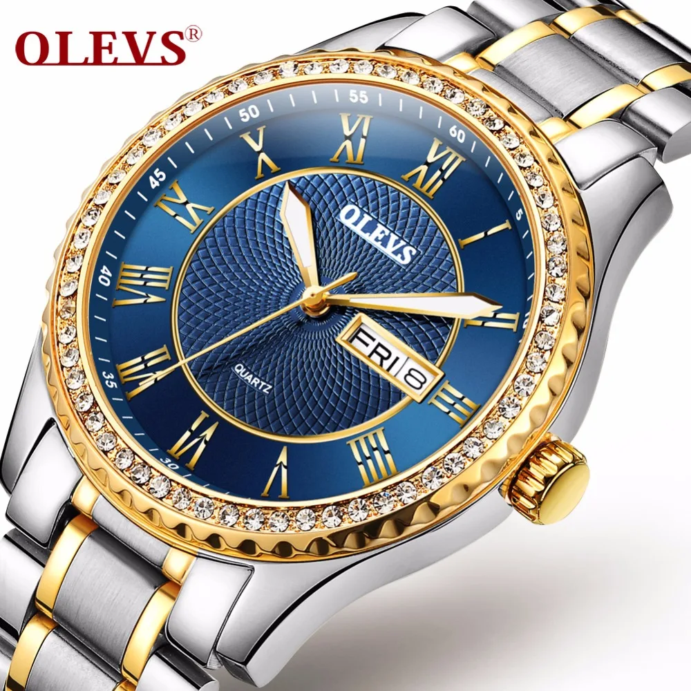 

OLEVS Luminous Hands Diamond Men Watches Luxury Gold Case Steel Bracelet Band Date and Day Male Clock Business Wristwatches 6899
