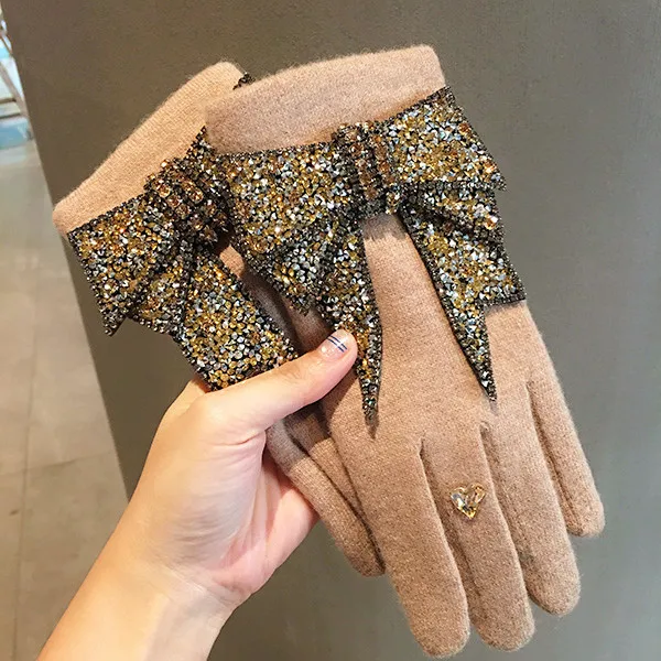 Элитный бренд перчатки зимние женские кашемировые женский бантик со сверкающими