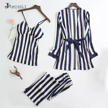 JRMISSLI 3PCS Pyjama Femme Striped Pijama For Women Sleepwear Set Silk Home Clothes Pajamas Sets Sexy Lace Robe Pajamas
JRMISSLI 3PCS Pyjama Femme Striped Pijama For Women Sleepwear Set Silk Home Clothes Pajamas Sets Sexy Lace Robe Pajamas