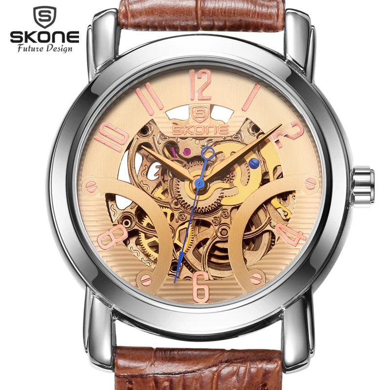 

SKONE Waterproof Automatic Mechanical Watches Men TOP Luxury Genuine Leather Strap Casual Watch Skeleton Watch relogio masculino