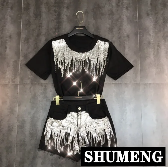 2019 Spring Clothes New Heavy Sequins Tassel Black T-shirt + Denim Shorts Trouser Two Piece Student Girl Fashion Jean Shorts Set
2019 Spring Clothes New Heavy Sequins Tassel Black T-shirt + Denim Shorts Trouser Two Piece Student Girl Fashion Jean Shorts Set