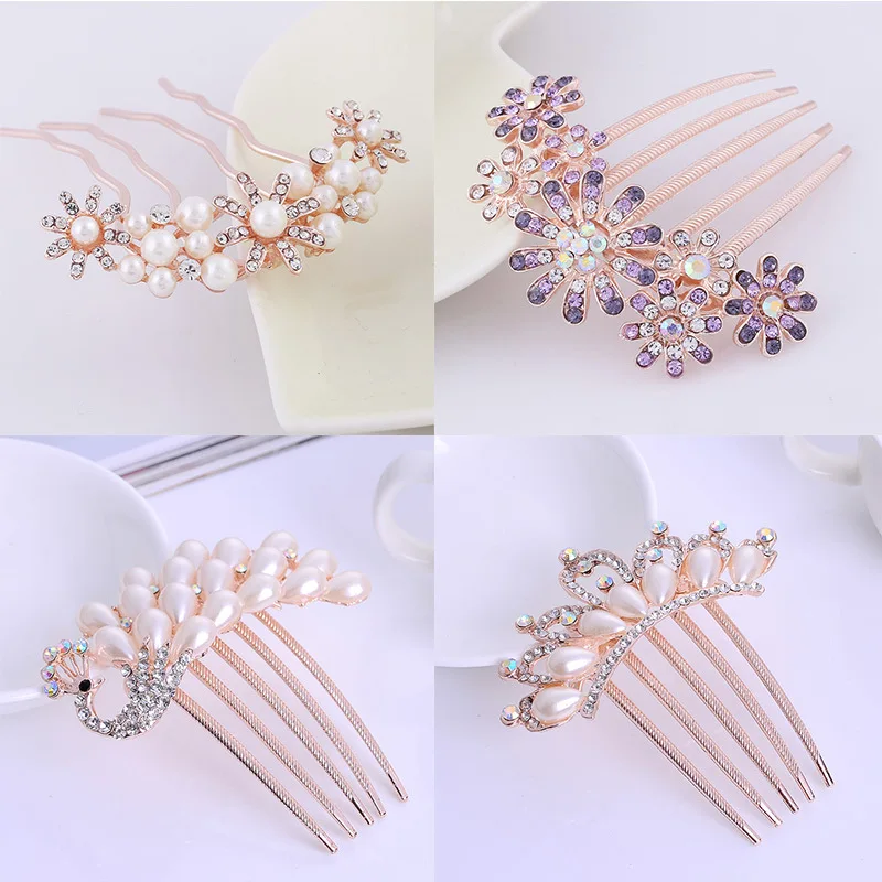 

Pretty Animal Leaf Flower Designs Sparkling Crystal Imitation Pearls Bridal Hair Combs Tiara Women Wedding Accesories