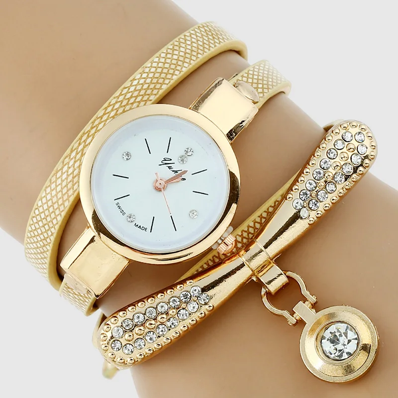 Gnova Platinum Fashion Luxury Brand New Women Rhinestone Gold Bracelet Watch Pu Leather Ladies Quartz Casual Wristwatch 1