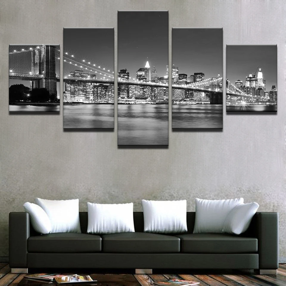 Canvas-HD-Prints-Pictures-Framework-5-Pieces-Black-White-Brooklyn-Bridge-City-Night-View-Paintings-Home (2)