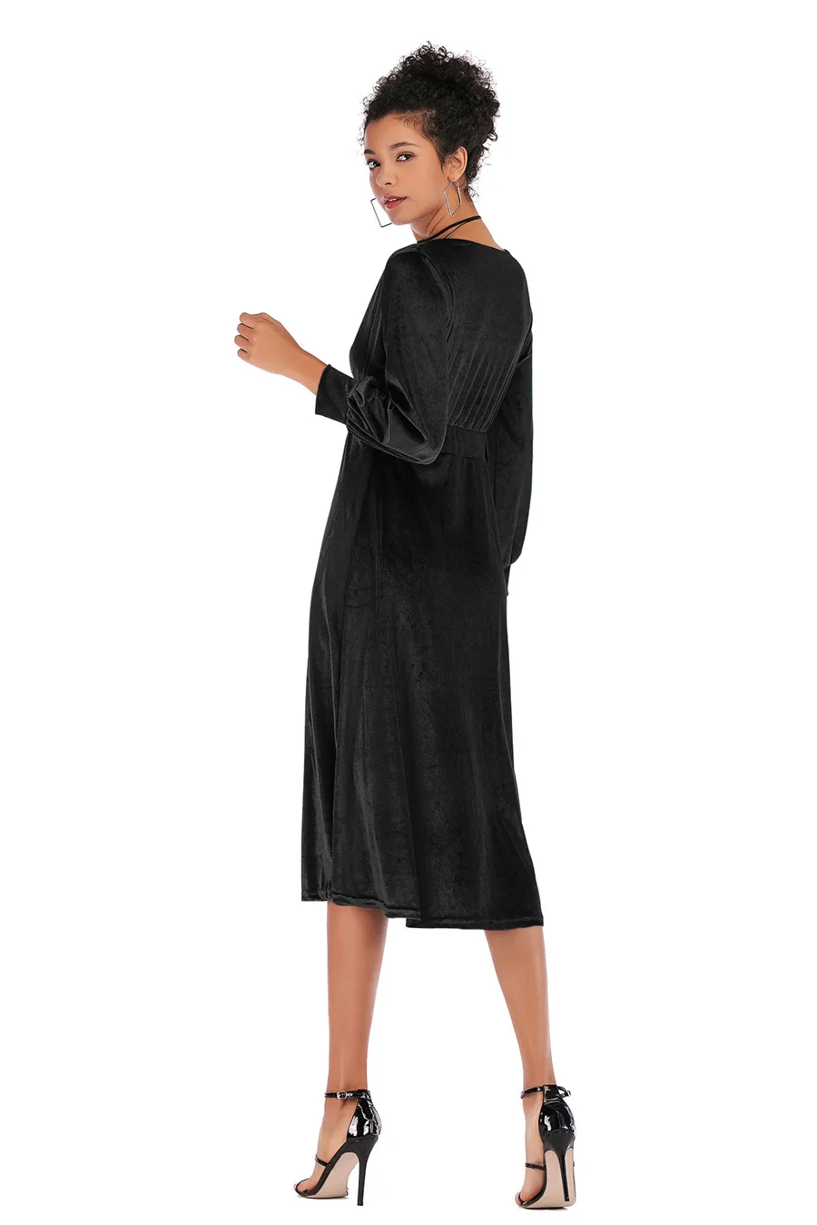Gladiolus 2018 Autumn Winter Dress Women Long Sleeve V-Neck Tunic Swing Midi Sexy Gold Velvet Dress Women Evening Party Dresses (17)