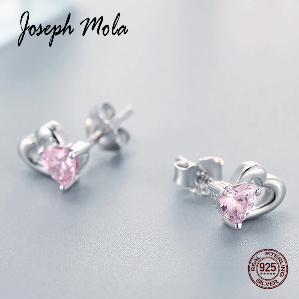 Joseph Mola 925 Sterling Silver Clear Pink Cute heart CZ Stone Stud Earrings for Women Party Anniversary Gift Girlfriend | Украшения и