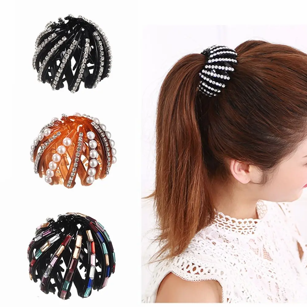 

Women Stylish Bird Nest Hair Claw Hair Fold Headwear Expanding Bun Crystal Ponytail Clamps Hairpins Girl Hair Accessories