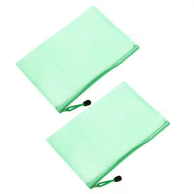 2 Pcs Clear Green Plastic Zip up B5 Paper File Bag w Nylon Strap
