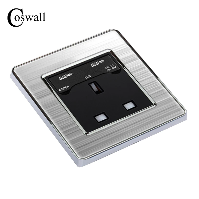 COSWALL 13A UK Standard Socket with Dual USB Charge Port For Mobile Output 5V 2.1A Wall Power Outlet Stainless Steel Panel
COSWALL 13A UK Standard Socket with Dual USB Charge Port For Mobile Output 5V 2.1A Wall Power Outlet Stainless Steel Panel