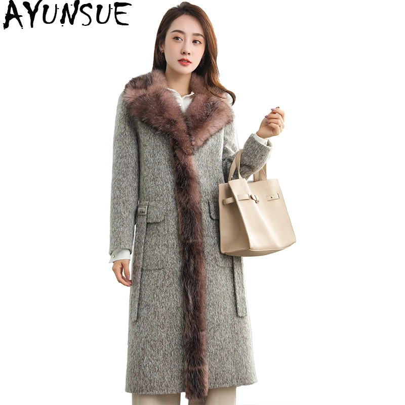 Фото AYUNSUE 2019 Wool Coat Female Long Double-sided Yak Cashmere Coats Natural Fur Collar Trim Autumn Winter Jacket Women WYQ2006 | Женская