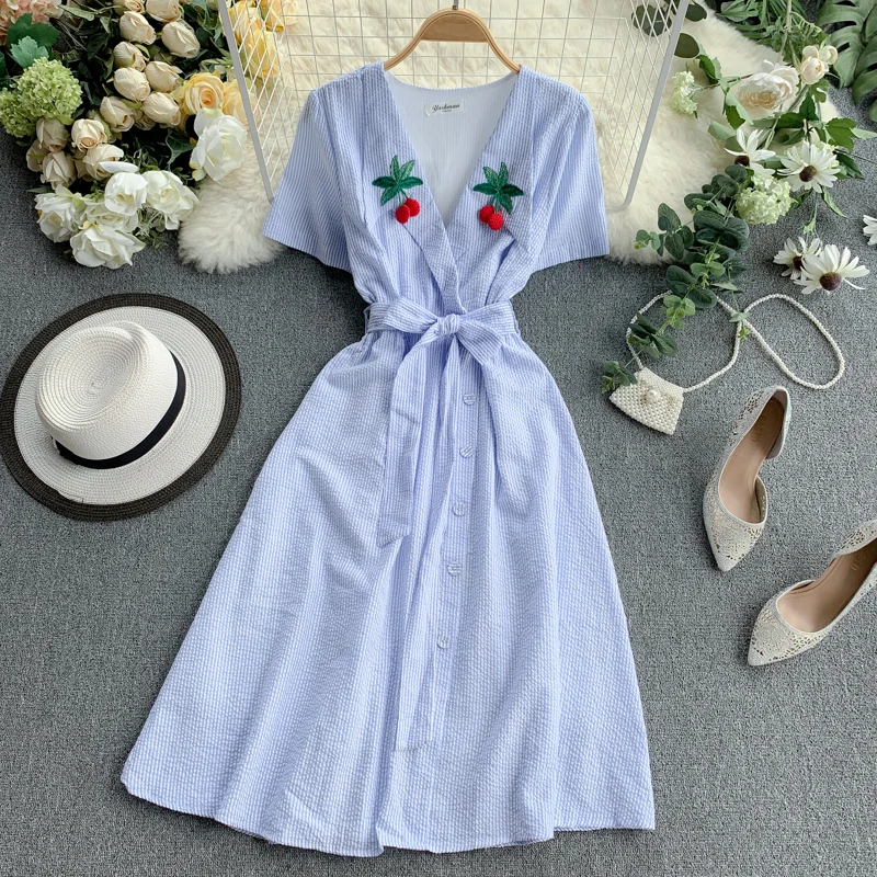 Embroidery Cherry Summer Dress Maxi 2019 New Fashion Korean Short Sleeve Solid Fresh Blue A-line Dress For Women Casual Dress
Embroidery Cherry Summer Dress Maxi 2019 New Fashion Korean Short Sleeve Solid Fresh Blue A-line Dress For Women Casual Dress