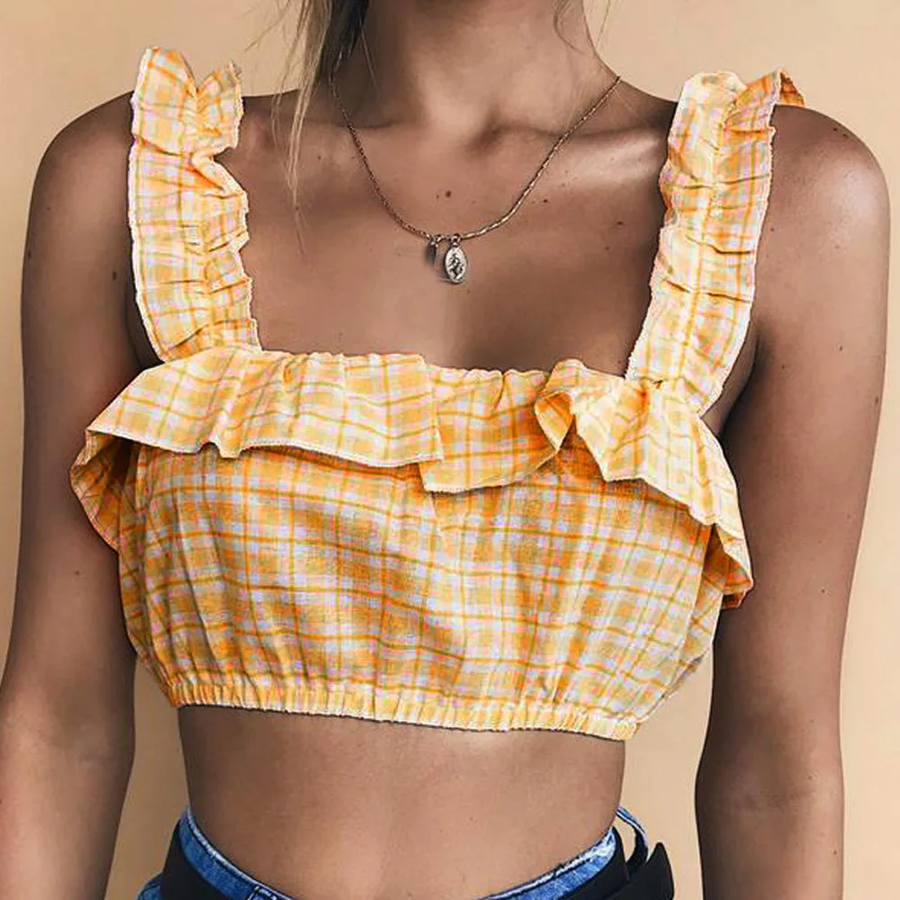 Fashion Women Tank Tops Vest Ruffles Halter Blusa Plaid Printed T-Shirt Camis New Summer 2018 Casual Short Tank Tops Shirts
Fashion Women Tank Tops Vest Ruffles Halter Blusa Plaid Printed T-Shirt Camis New Summer 2018 Casual Short Tank Tops Shirts