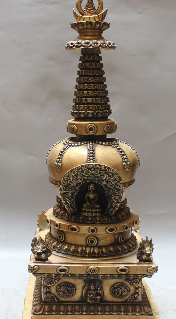 22" Buddhism Pure Bronze Shakyamuni Amitabha Stupa Pagoda Tower Buddha Statue