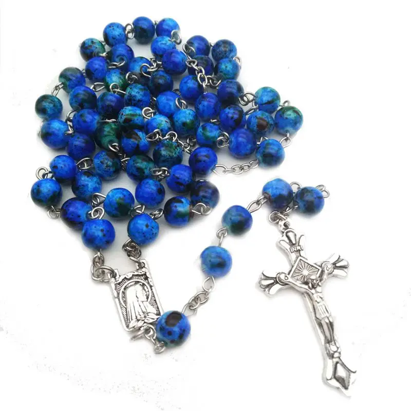 Blue Glass Beads Strand Rosary Necklace Religious Cross Pendant Long Jewelry
Blue Glass Beads Strand Rosary Necklace Religious Cross Pendant Long Jewelry