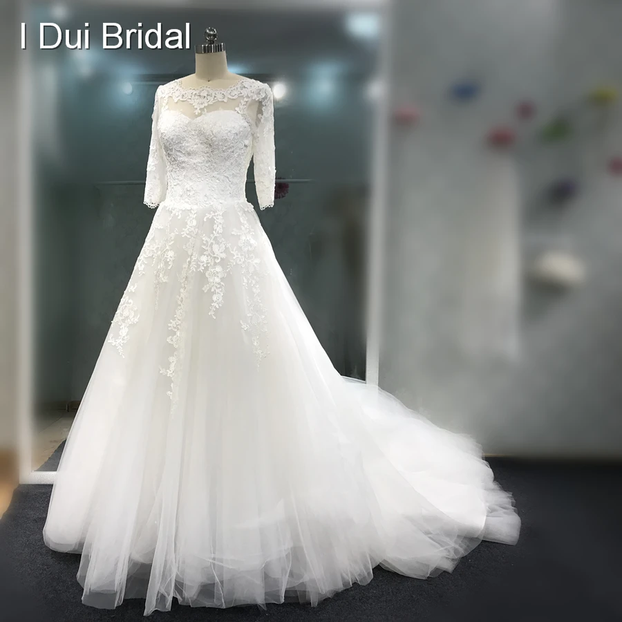 In Stock Clearance Wedding Dress Good Quality Bridal Gown Half Sleeve Lace Appliqued
