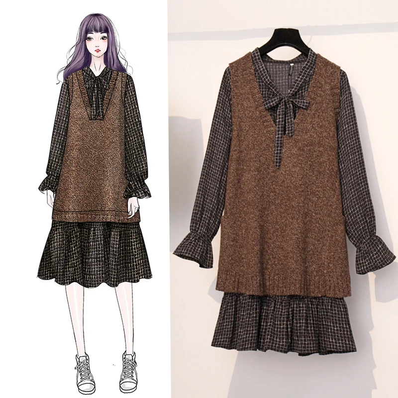 Tenygo Spring women plus size two piece set dress with loose knitted vest suit set big size office lady clothing casual dress
Tenygo Spring women plus size two piece set dress with loose knitted vest suit set big size office lady clothing casual dress