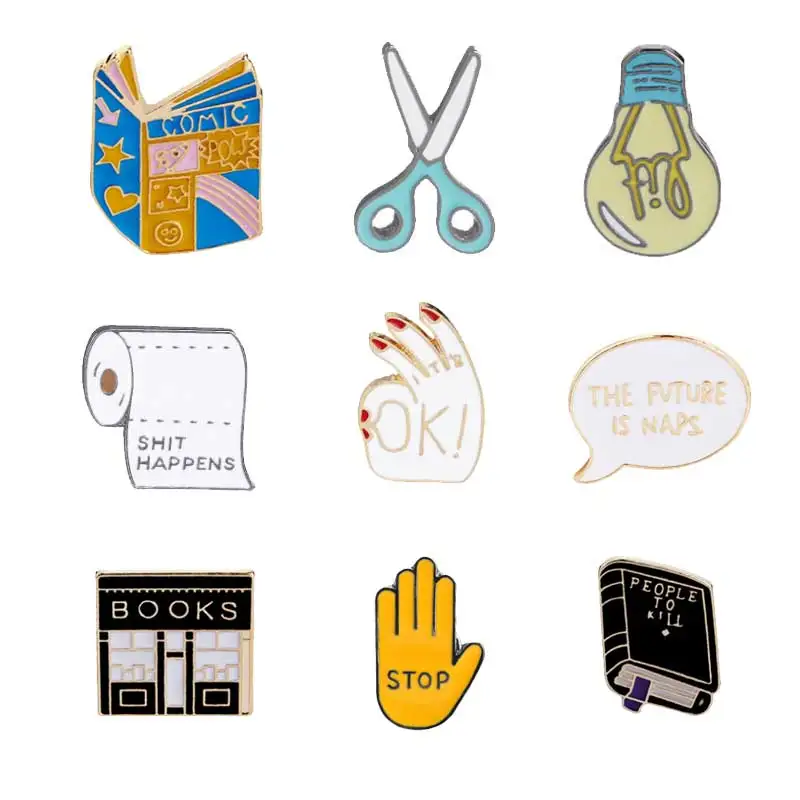 Book Pin Scissors Brooches Light Bulb Badges Shit Happens Lapel Pins Funny Quote Stop Jewelry Books Pins Collection For Woman
Book Pin Scissors Brooches Light Bulb Badges Shit Happens Lapel Pins Funny Quote Stop Jewelry Books Pins Collection For Woman