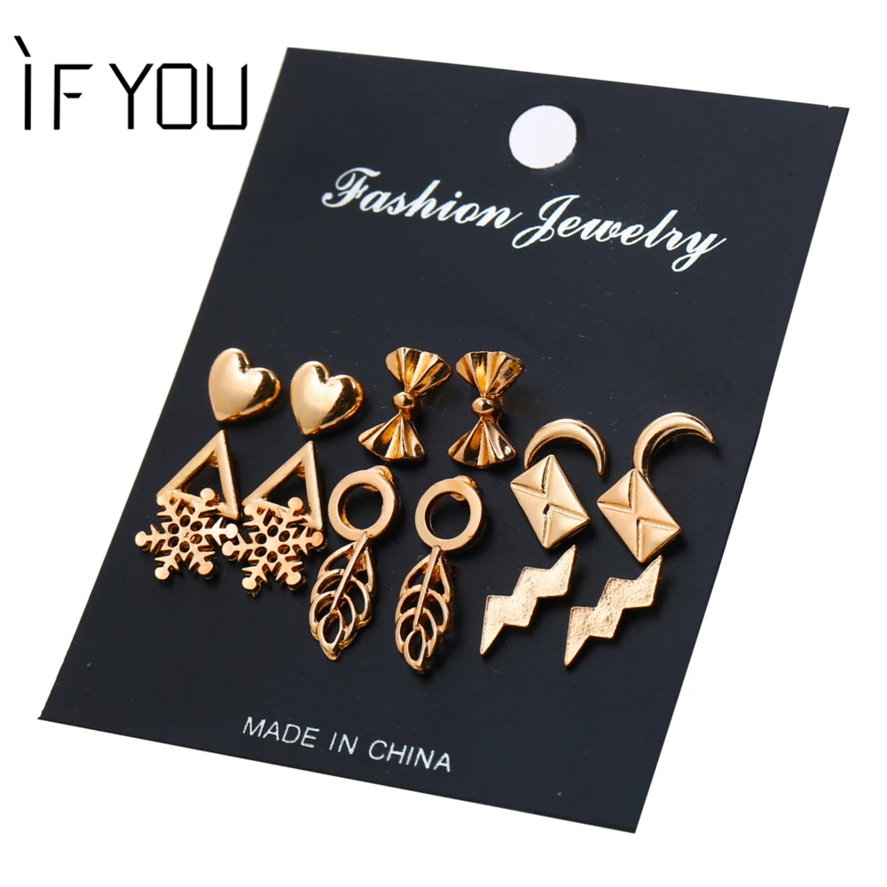 IF YOU Vintage Geometric Earrings Set For Women Female Fashion Lightning Moon Mix Gold Color Round Brincos Stud Earring Jewelry
IF YOU Vintage Geometric Earrings Set For Women Female Fashion Lightning Moon Mix Gold Color Round Brincos Stud Earring Jewelry