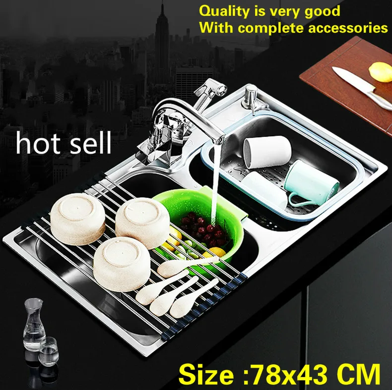 

Free shipping Household standard multifunction kitchen double groove sink 304 food grade stainless steel hot sell 780x430 MM