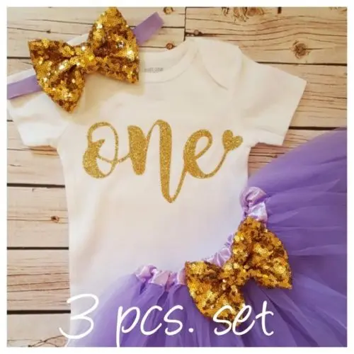 

Lavender 1st birthday infant bodysuit onepiece Tutu Dress romper Headband Outfit Sets baby shower New Year party favors