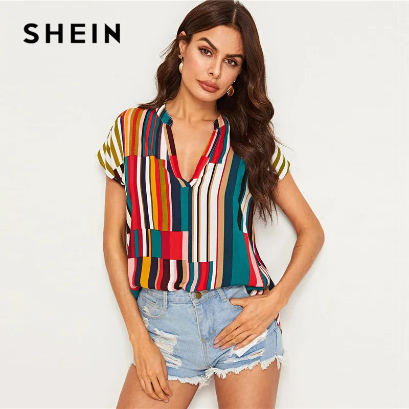 

SHEIN V Neck Colorblock Curved Hem Summer Blouse Womens Tops And Blouses Casual Striped Print Cap Sleeve Blouse Ladies Tops