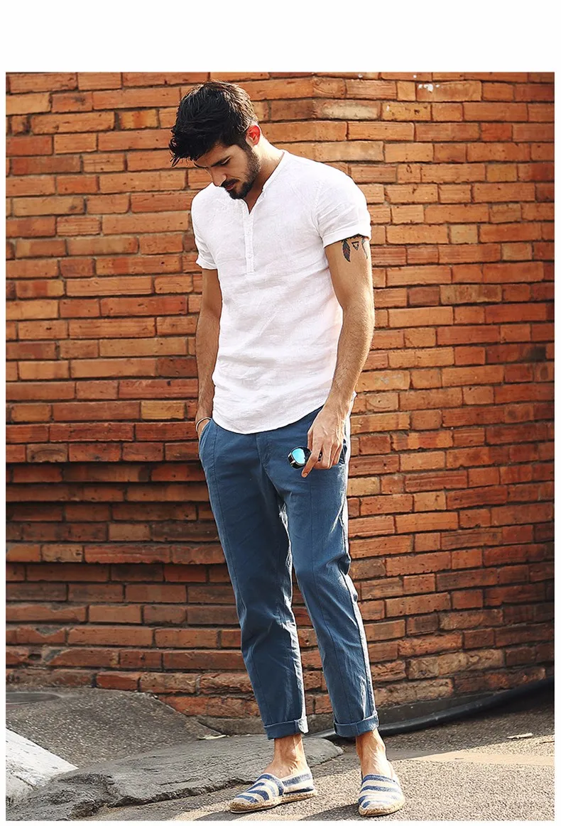 Simwood 2019 New Arrival Summer Short-sleeved Shirts Men 100% Linen White Solid Color Slim Fit Plus Size Collarless Tops CS1534 20