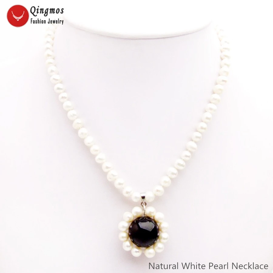 

Qingmos Natural Pearl Pendant Necklace for Women with 6mm White Pearl Necklace 18mm Black Agates Stone Necklace Jewelry 17" 6527