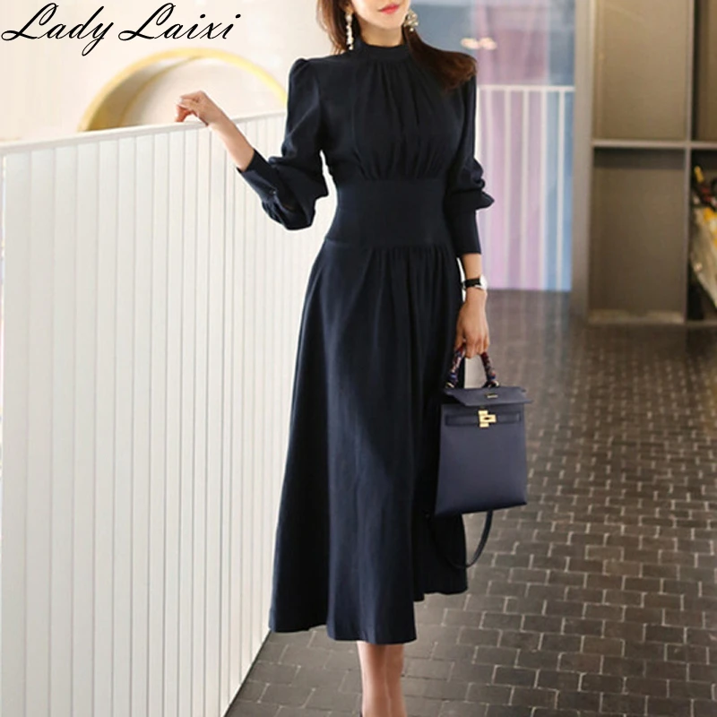 2019 Spring Solid A-line Dress Women Plus Size Navy Blue Full puff Sleeve Stand neck Casual Office Dress Elegant Work Dresses 
2019 Spring Solid A-line Dress Women Plus Size Navy Blue Full puff Sleeve Stand neck Casual Office Dress Elegant Work Dresses