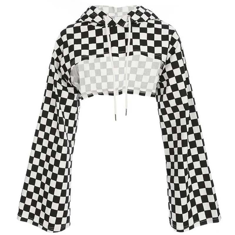 Loose Flare Sleeve Crop Top Tees Women Drawstring Hooded Long Sleeve Checkerboard T Shirt Fashion Cotton Top Plaid Streetwear
Loose Flare Sleeve Crop Top Tees Women Drawstring Hooded Long Sleeve Checkerboard T Shirt Fashion Cotton Top Plaid Streetwear