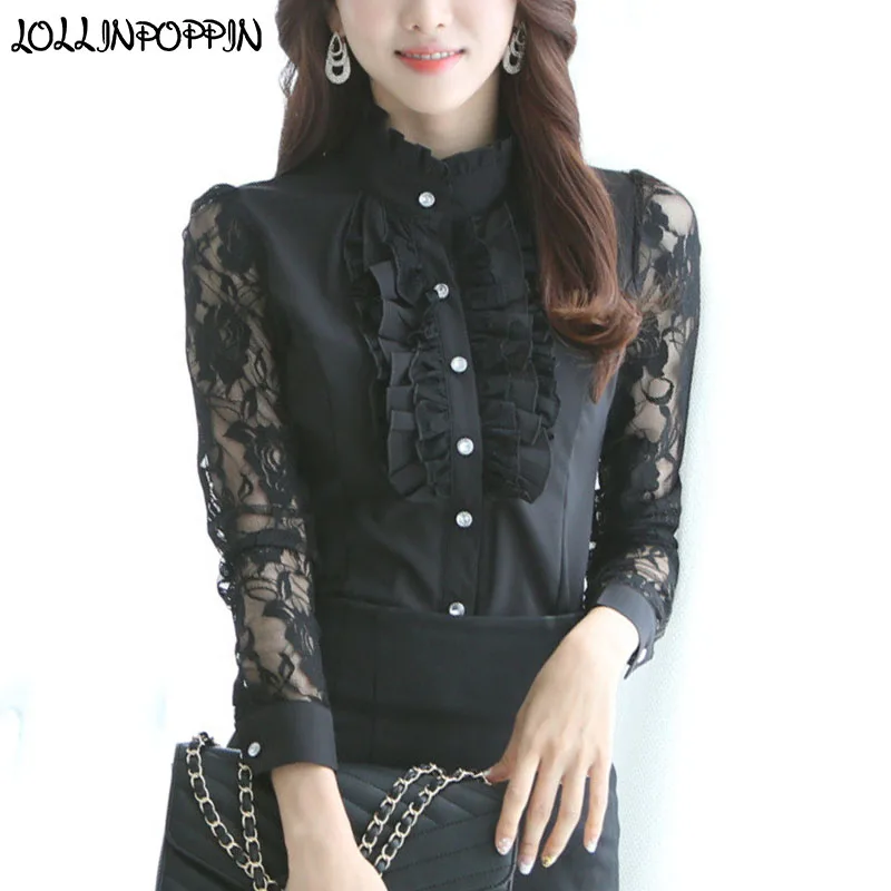 Lace Floral Sleeves Women Ruffle Chiffon Shirt Stand Collar Office Lady Elegant Long Sleeve Blouses Black / White
Lace Floral Sleeves Women Ruffle Chiffon Shirt Stand Collar Office Lady Elegant Long Sleeve Blouses Black / White