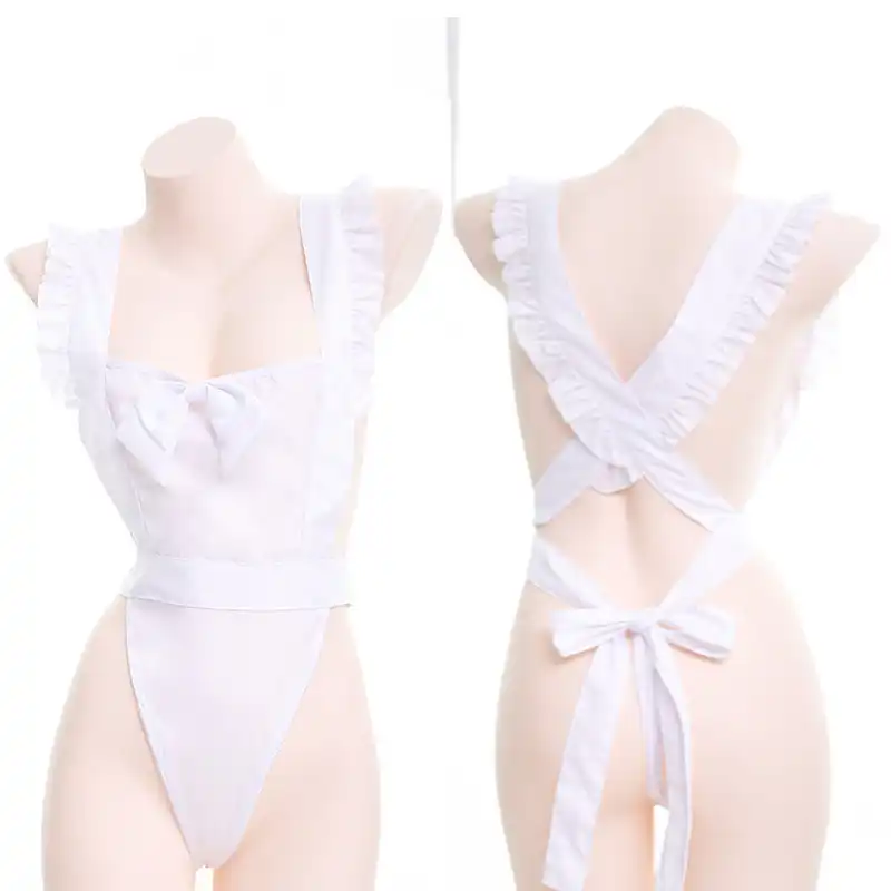 Sexy Maid Style Tie Nake Apron Women's See-throught Dress Cute Exotic  Apparel Color White