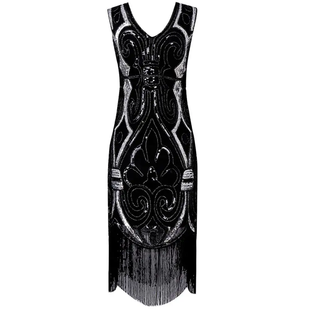Women Wardrobe Elegant Midi Dress 1920s Vintage Sequin Patchwork Sleeveless Tassel Hem Gatsby Party Dress
Women Wardrobe Elegant Midi Dress 1920s Vintage Sequin Patchwork Sleeveless Tassel Hem Gatsby Party Dress
