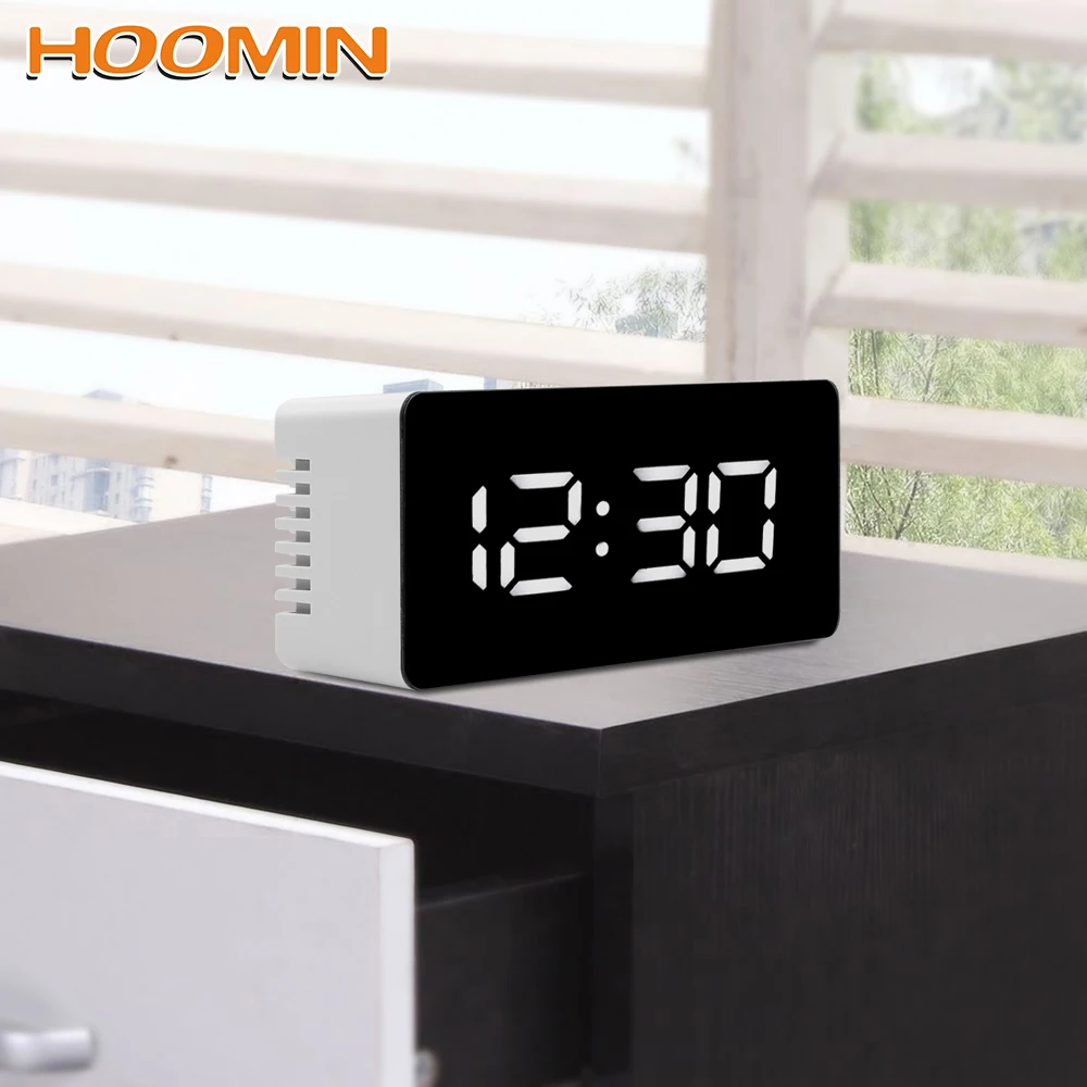 

HOOMIN Digital LED Display Desktop Clock Mirror Clock with Snooze Function USB & Battery Operated Table Alarm Clocks Thermometer